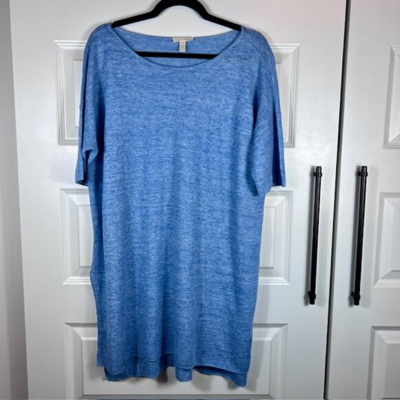 Eileen Fisher 100% Linen Blue Short Sleeve Relaxed Tunic Sweater or Dress Large - Picture 1 of 5